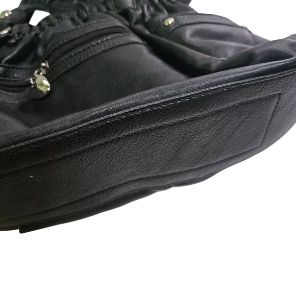 Wilson Leather Ellie V Cinched Black Leather Hobo Bag Silver Buckles 14"x10"x3" - Picture 6 of 8